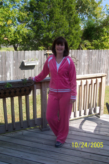 Stacy in her new pink track suit